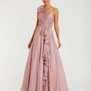 Mac Duggal Pink Iridescent One Shoulder Rosette Ball Gown
